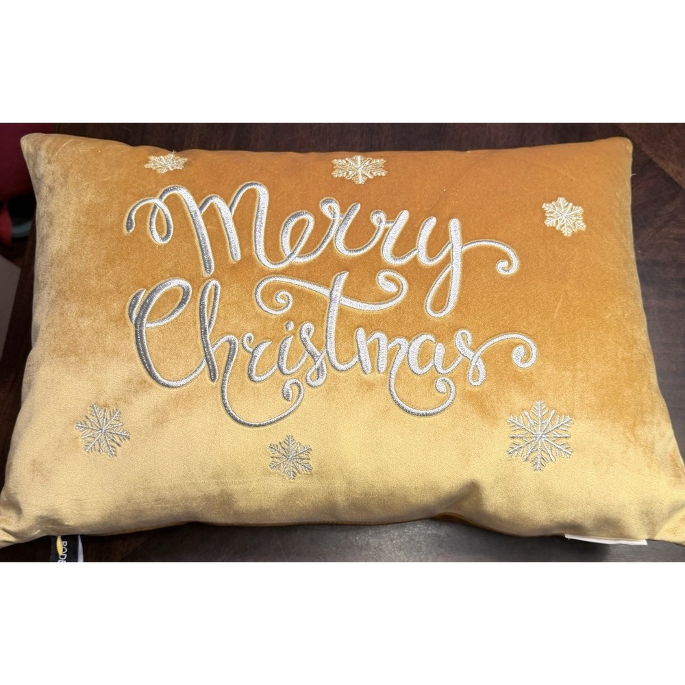 Rodeo Home Embroidered Merry Christmas Pillow Gold Velvet 20x13